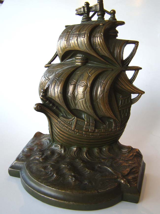 A near 'mint' condition pair of vintage "Galleon 1558-1608" bookends by Jennings Brothers circa 1930 — image 2